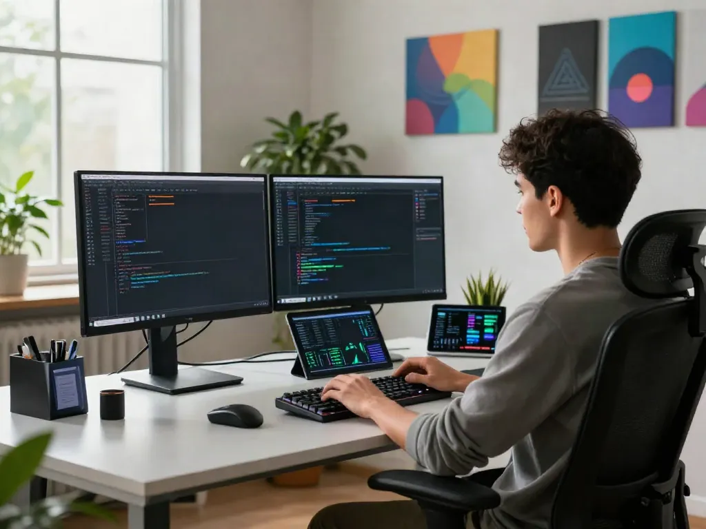 Developer engaged in GPU computing at a modern tech workspace with dual monitors and natural light.