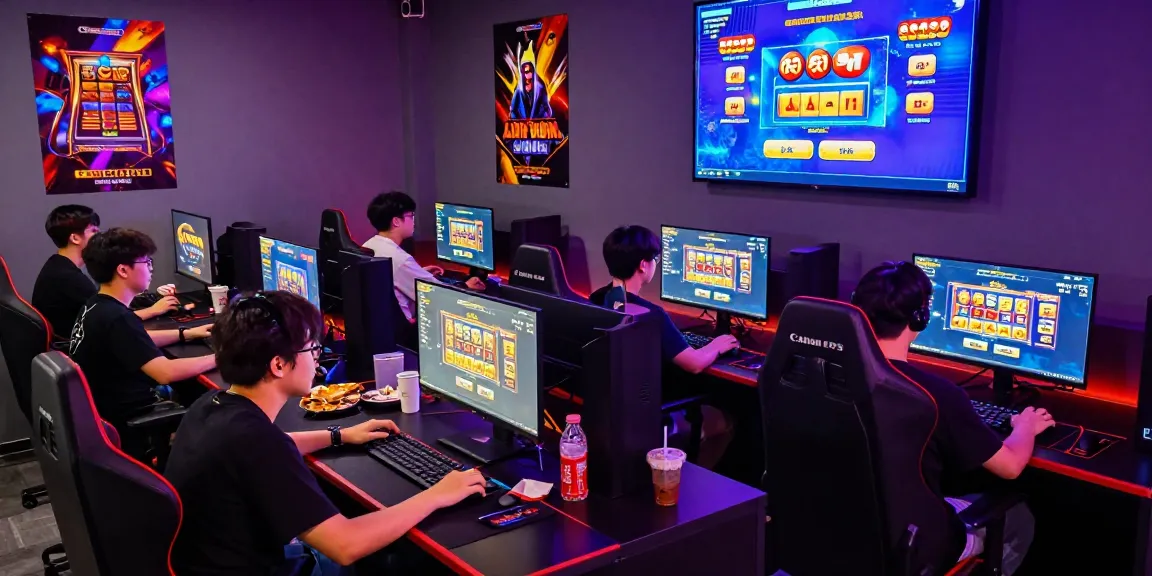 Enthusiastic gamers enjoying slot gacor 777 in a vibrant online gaming setup with dynamic LED lights and engaging screens.