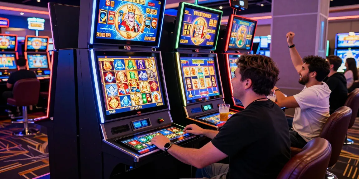 Exciting situs raja online gaming experience with players at slot machines.