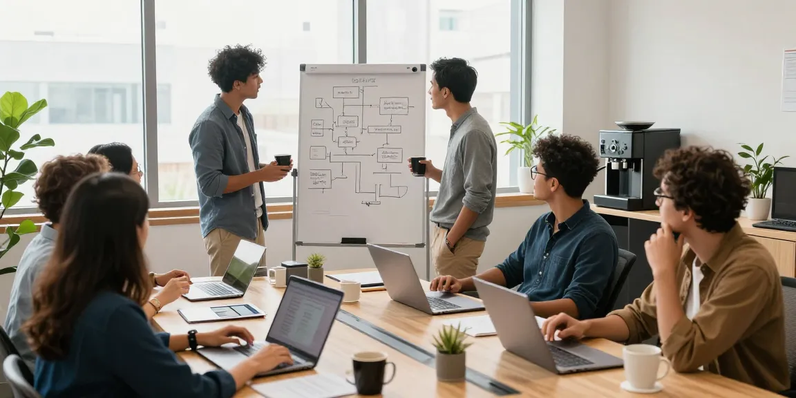 Team collaboration in a modern office, showcasing how to build internal tools with AI for effective workflows.
