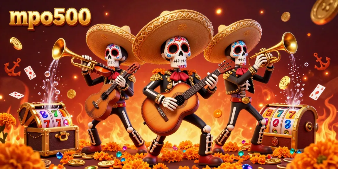 Play high-stakes games at mpo500 with joyful mariachi skeletons and vibrant casino elements.