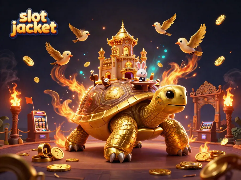 Experience the thrill of the slot jackpot with a festive 3D casino scene featuring a golden tortoise and playing elements.