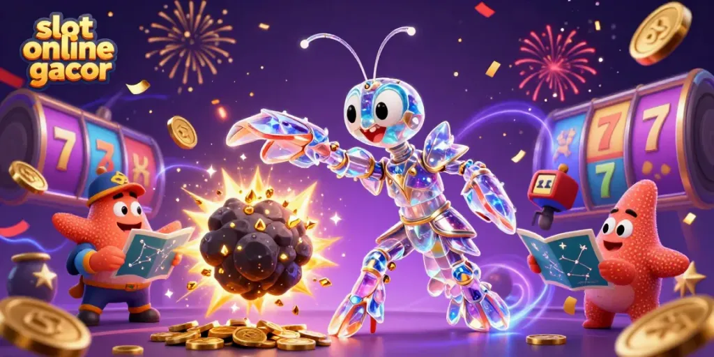 Experience winning excitement with slot online gacor in a vibrant 3D illustration featuring dynamic gambling elements.