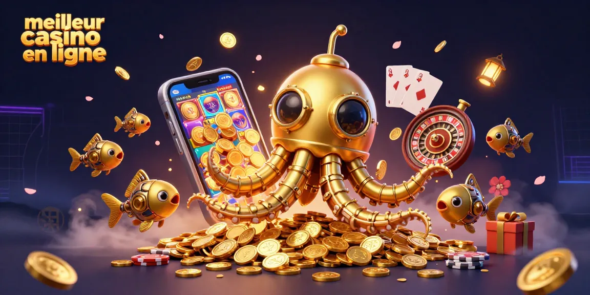 Plongez dans l'univers du meilleur casino en ligne avec un kraken et des jeux scintillants entourés de pièces d'or.