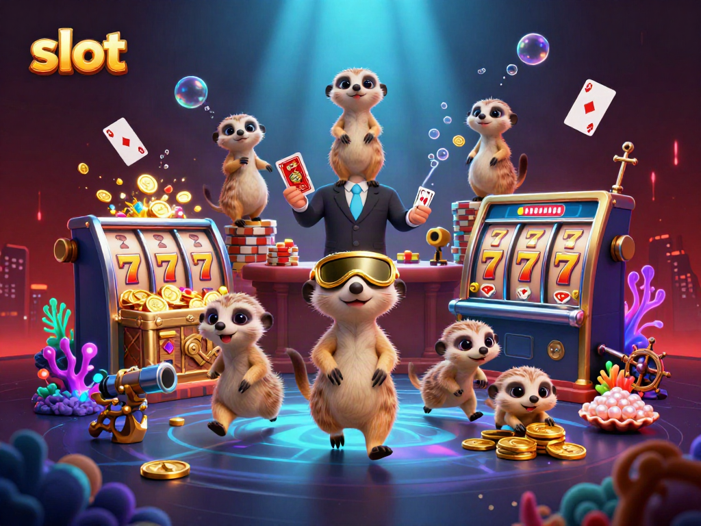 Experience thrilling slot action with playful meerkats in a vibrant casino scene, overflowing with excitement.