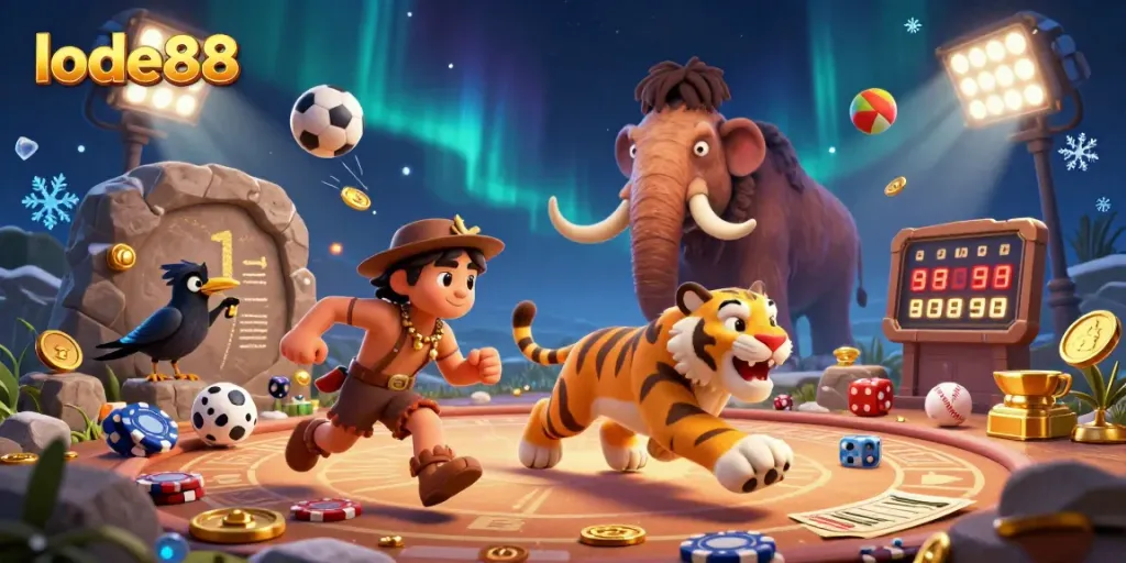 Lode88 offers a vibrant 3D casino scene with characters engaging in lively gambling activities featuring epic elements.