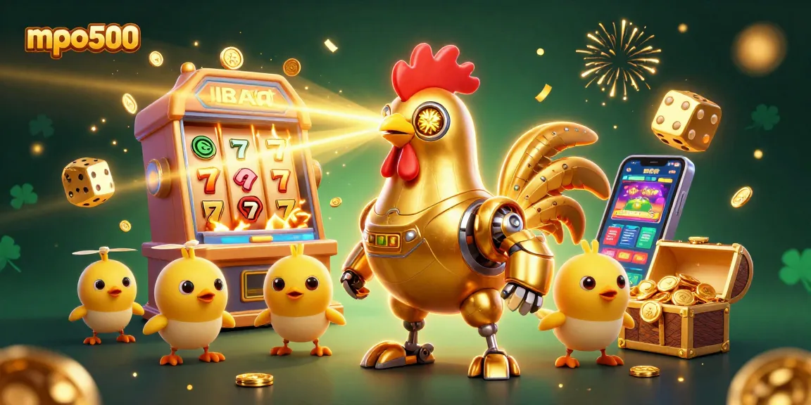 Experience dynamic gameplay with mpo500's golden rooster robot and exciting casino elements in a vibrant digital scene.