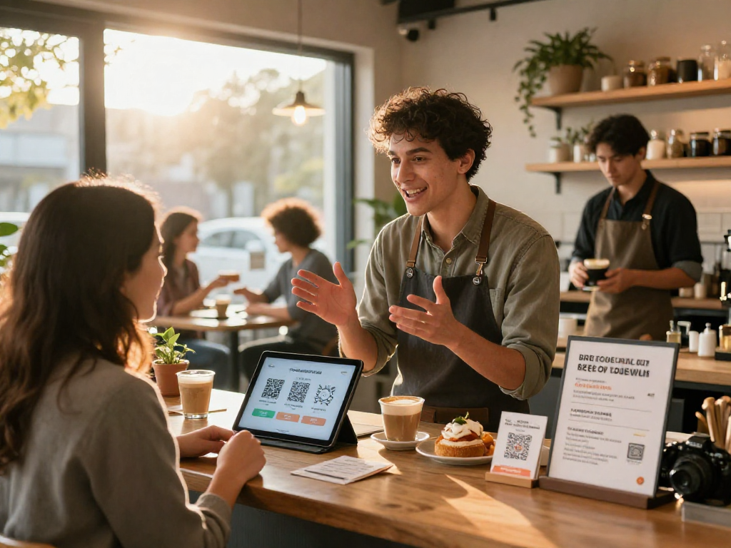 Small business café scene highlighting customer loyalty with a QR-based app, showcasing rewards engagement.