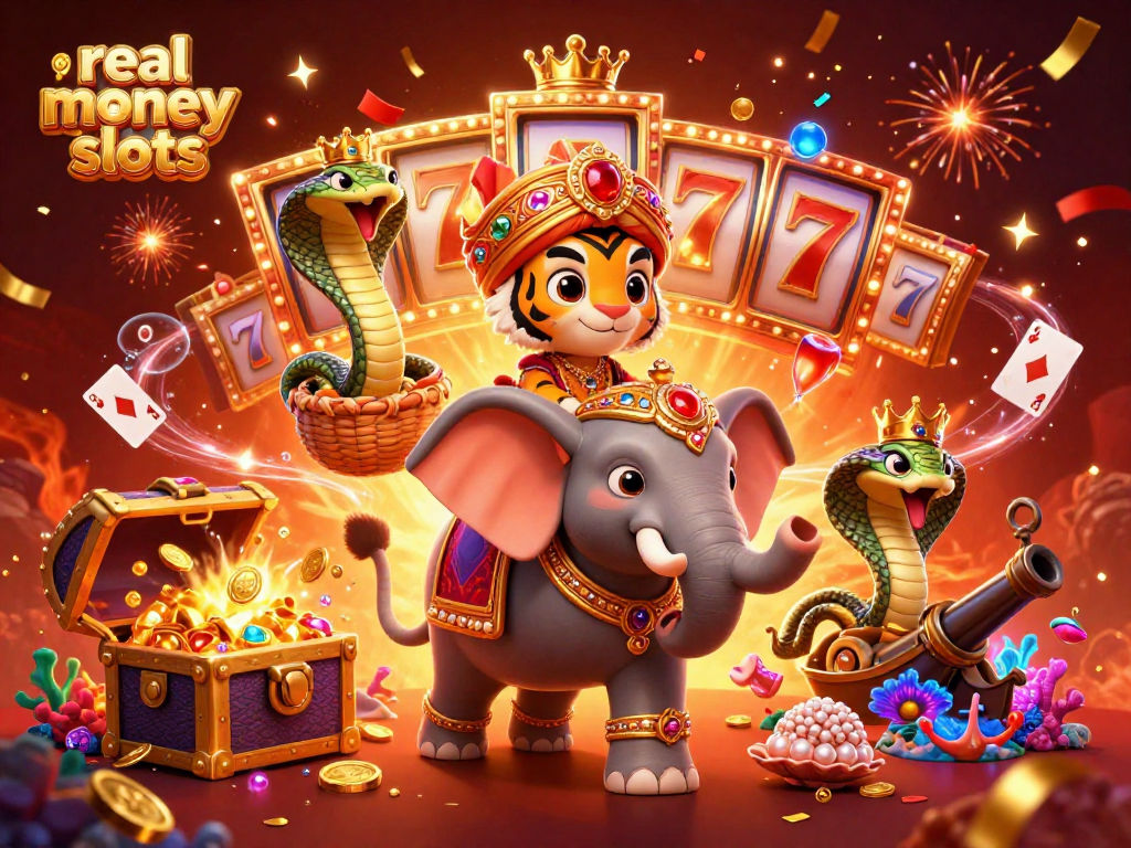 Join the excitement of real money online slots with a vibrant 3D illustration featuring a maharaja tiger and gems.