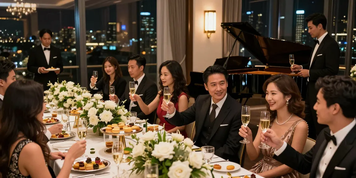 Pesta mewah LUXURY111 dengan tamu berpakaian elegan dan hidangan lezat di suasana yang hangat.
