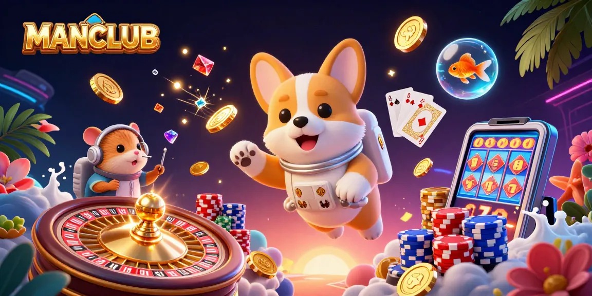 MANCLUB's dynamic casino scene showcases an astronaut corgi among floating poker elements, engaging players in thrilling gaming.