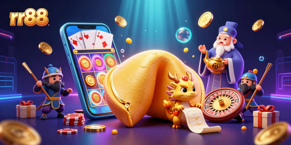 Experience thrilling gaming action with rr88's vibrant scene showcasing fortune cookie characters and dynamic casino elements.