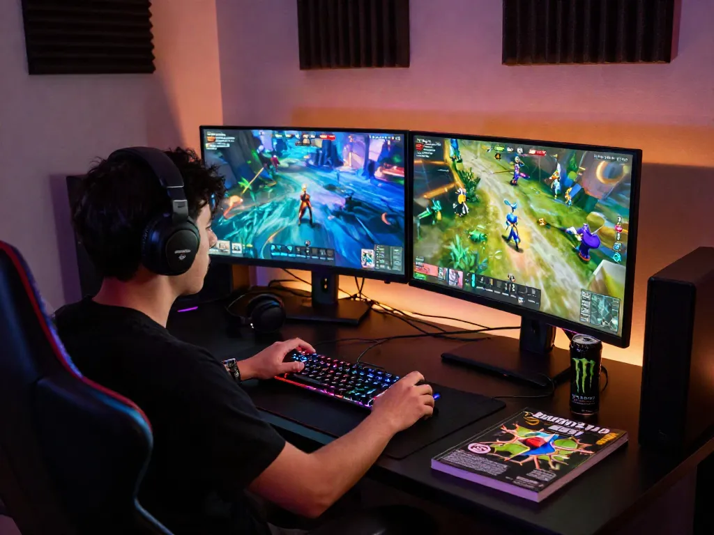 Gamer memainkan diana4d di layar ganda dengan grafik interaktif dan suasana futuristik.
