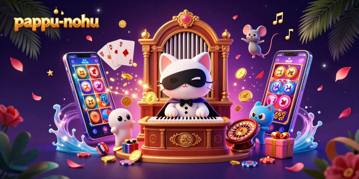 Engage with pappu-nohu's thrilling gaming adventure featuring a whimsical cat and lively casino elements.