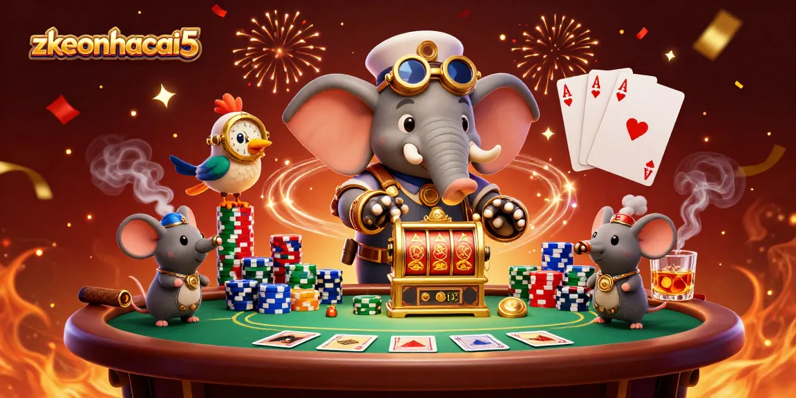 Experience excitement with zkeonhacai5 in an animated casino scene full of vibrant poker elements and colorful confetti.