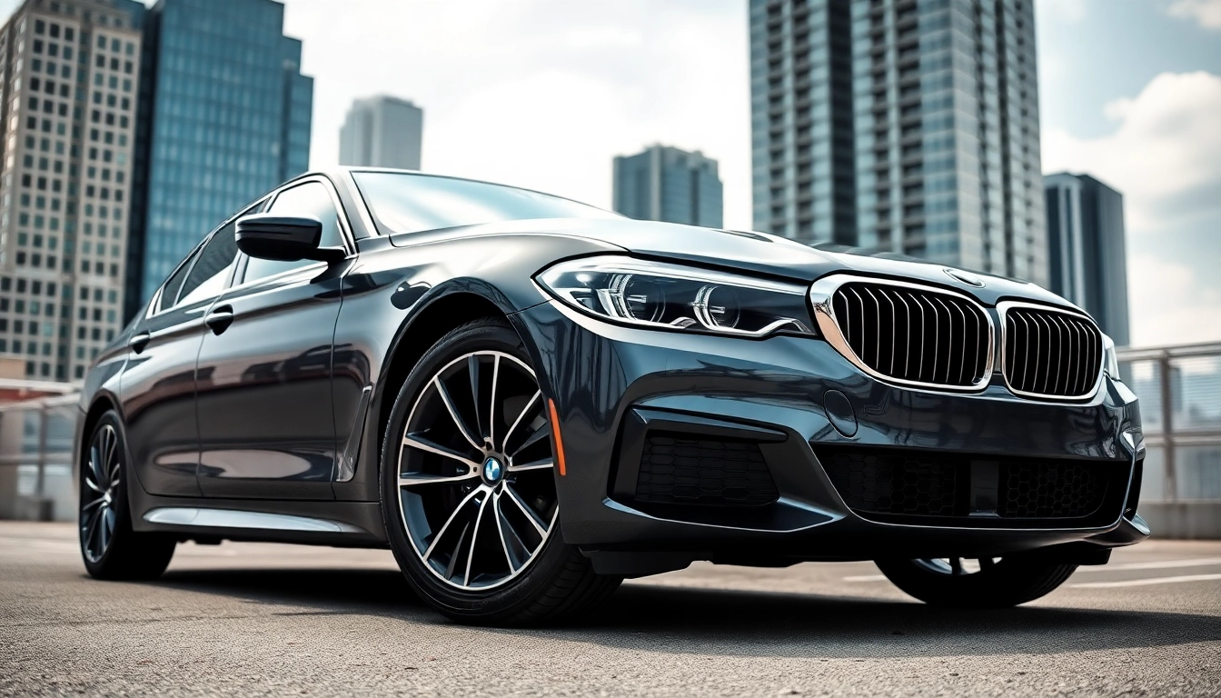 Experience the elegance of a Luxury BMW car amidst a modern city backdrop.