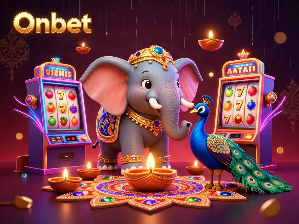 Experience the thrill of Onbet with vibrant slot machines and a festive elephant in a dynamic casino scene.