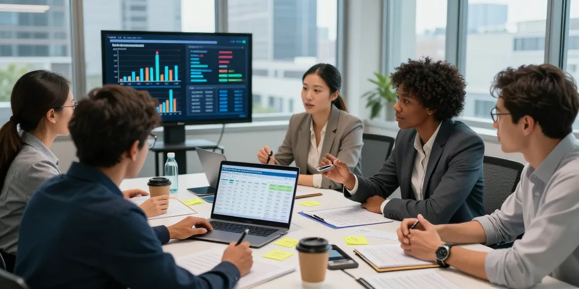 Team evaluating a seller financing calculator report in a modern office setting with collaborative elements.