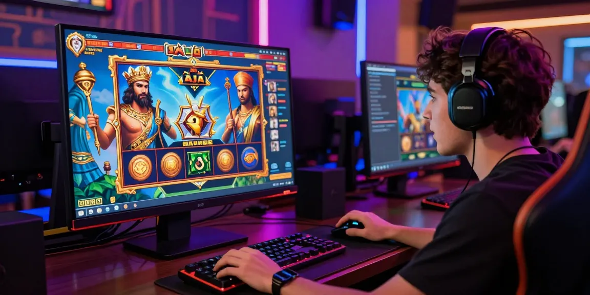 Immersive gaming moment with slot raja on screen, capturing excitement and ancient themes.