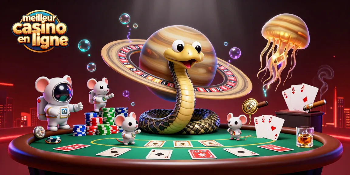 Visualisez le meilleur casino en ligne avec un serpent aux anneaux de Saturne et des astronautes aux paris animés.