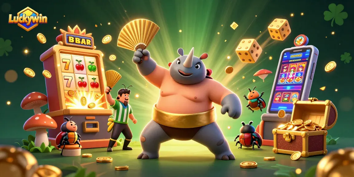 Luckywin showcases a thrilling scene with a sumo beetle champion amidst dazzling casino elements.