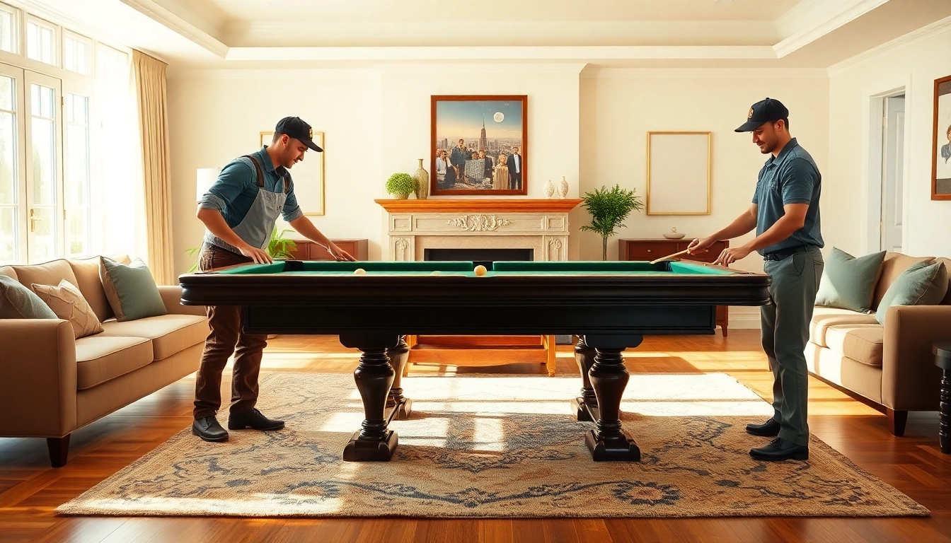 Movers expertly providing game table movers services in a well-lit living room, disassembling a pool table.