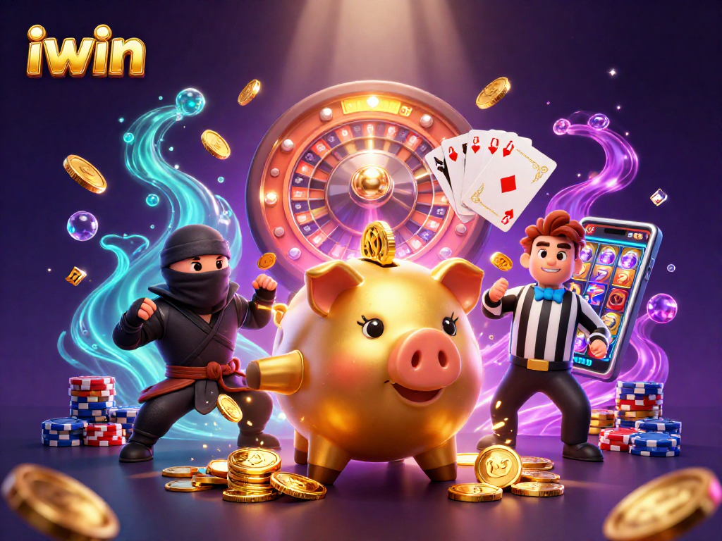 Engage with the iwin casino world featuring a golden piggy bank sumo wrestler and vibrant gambling elements.