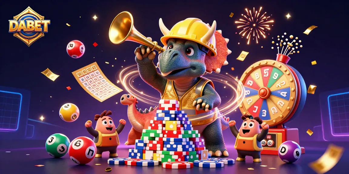 DABET celebrates with a lively casino scene featuring dinosaur characters and dynamic lottery elements.