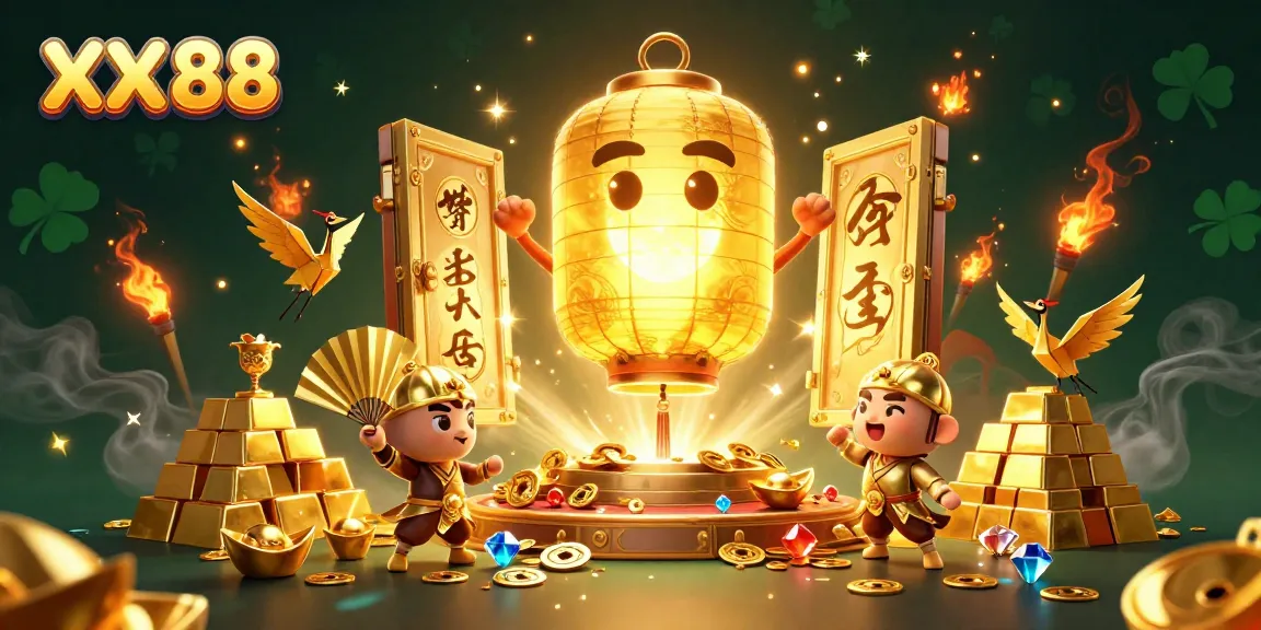 Experience the excitement of winning at XX 88 with vibrant casino-themed characters and golden treasures.