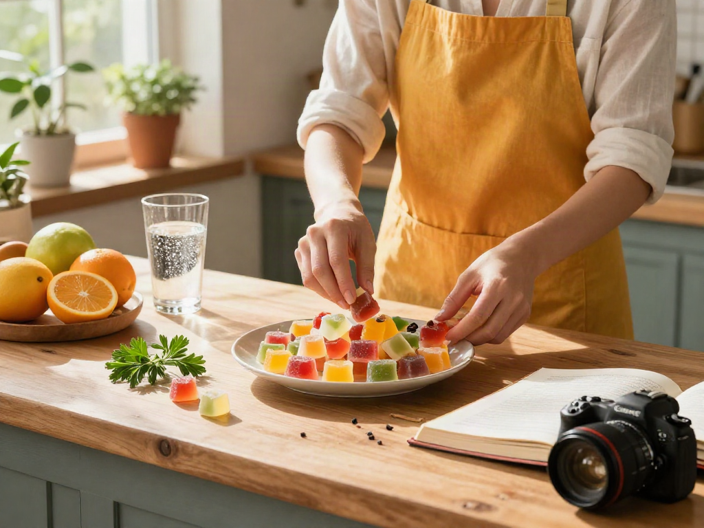 Delicious Camino edible gummies beautifully arranged with fresh fruits in a sunlit kitchen setting.
