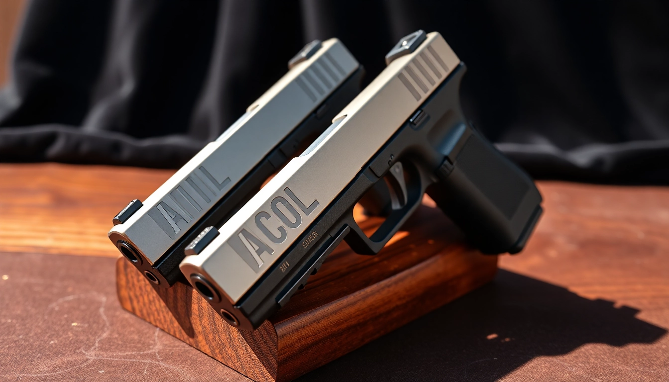 Showcase of Glock 23 slides on display, emphasizing details and craftsmanship in high contrast.