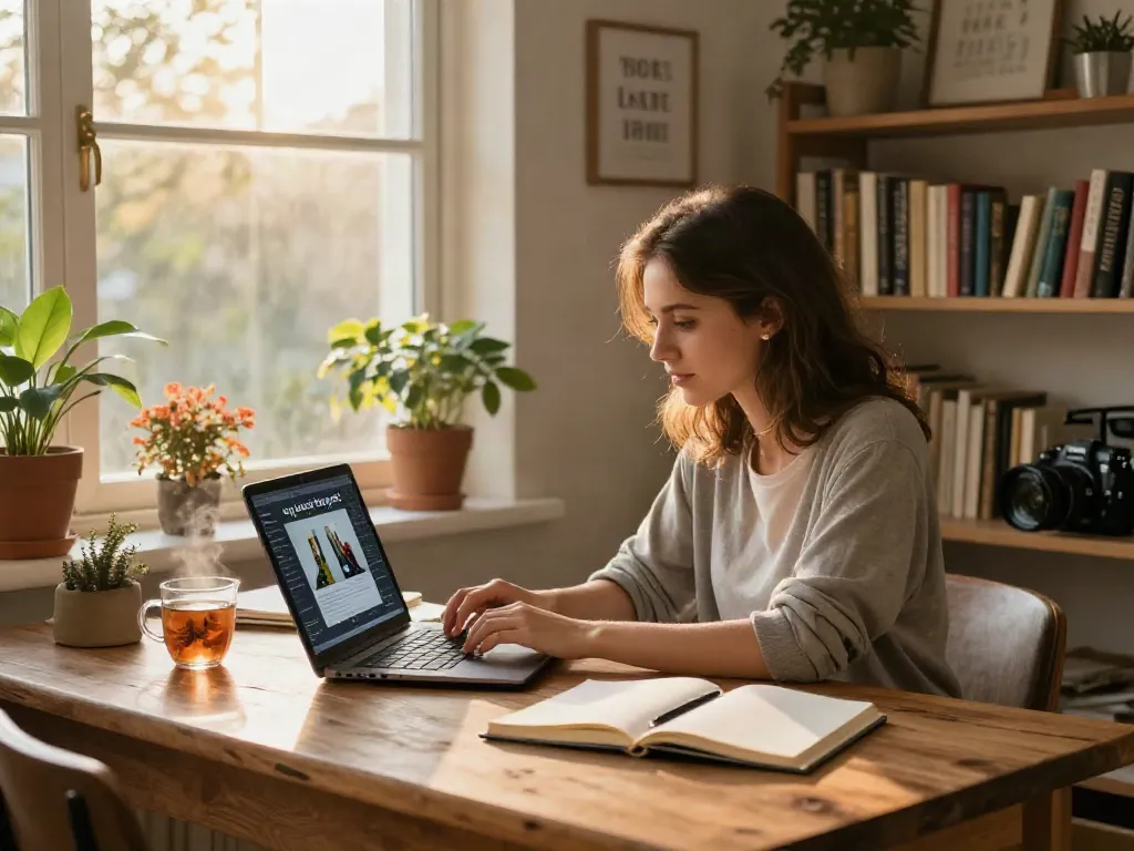 Writing my latest blog post in a cozy home office, warm light and inspiring decor.