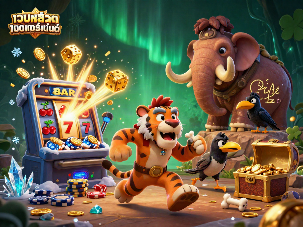 Engage with เว็บสล็อต แท้ 100 เปอร์เซ็นต์ in a dynamic 3D animated casino scene filled with vibrant slot elements.