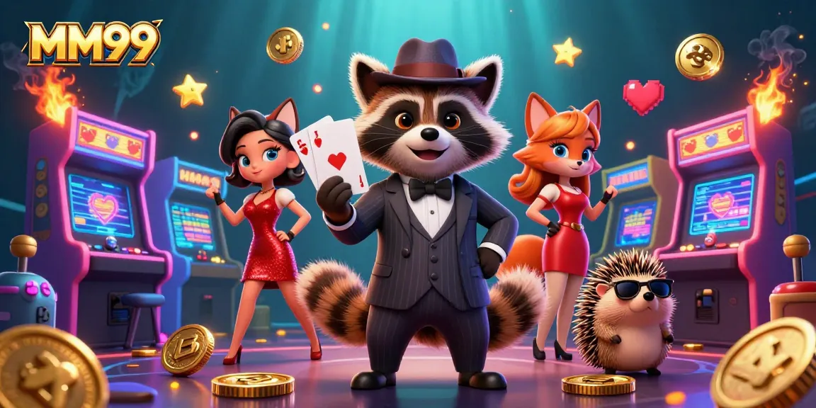 Experience the thrill of MM99 with vibrant casino games featuring a raccoon and friends.