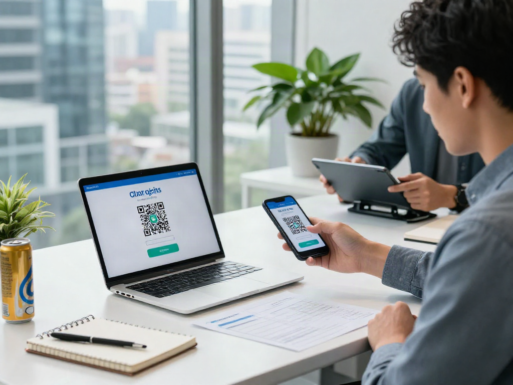 Individual using slot qris payment on smartphone in a modern office.