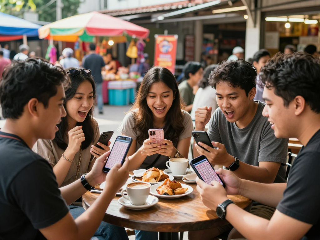Teman-teman merayakan kemenangan delapan toto di kafe dengan kopi dan pastry, suasana ramai dan ceria.