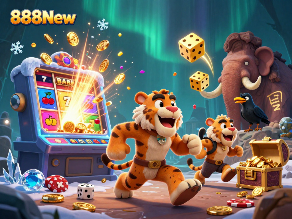 Experience the excitement of 888New with thrilling casino elements, vibrant colors, and engaging characters.