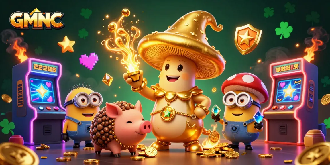 Experience the magic of GMNC with a golden mushroom wizard, truffle pig, and vibrant arcade elements.