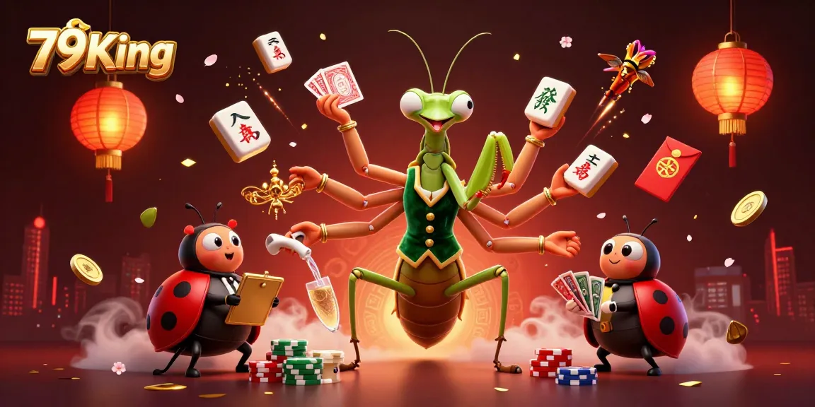 79King's vibrant casino scene features a giant mantis card sharp amidst colorful game elements.