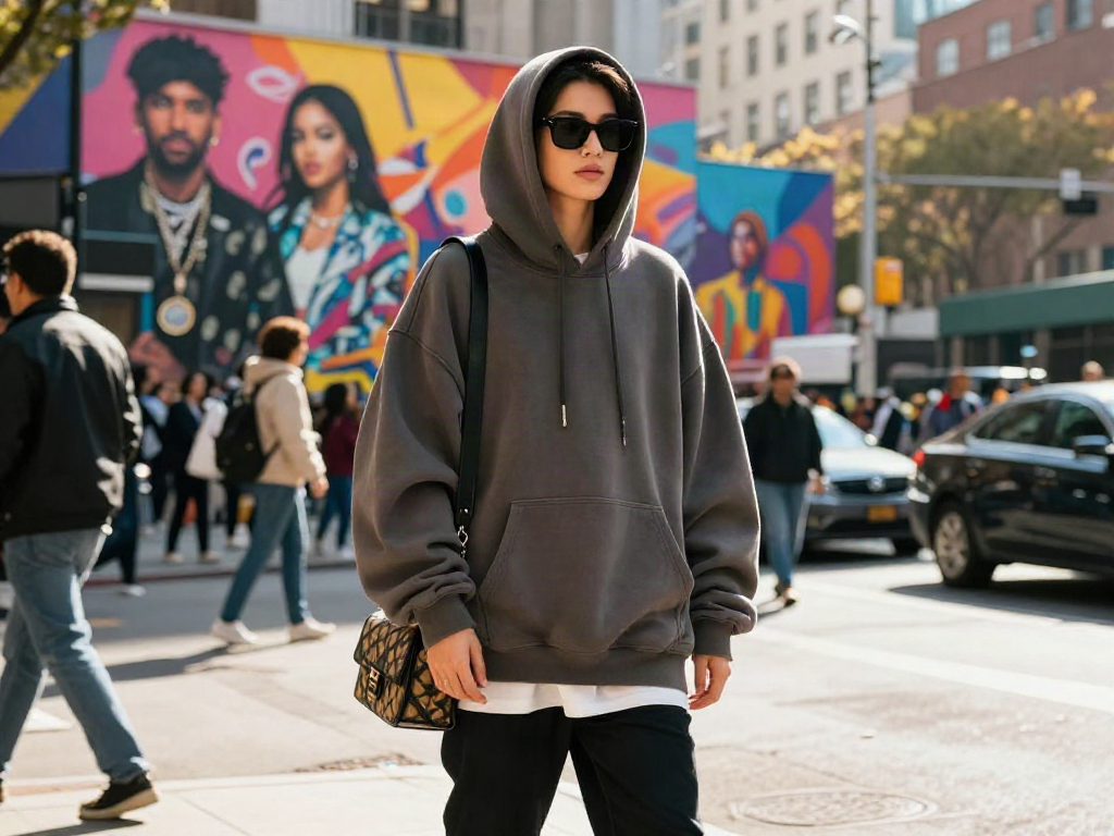 Stylish individual embodying celebrity look alike culture amidst an urban backdrop.