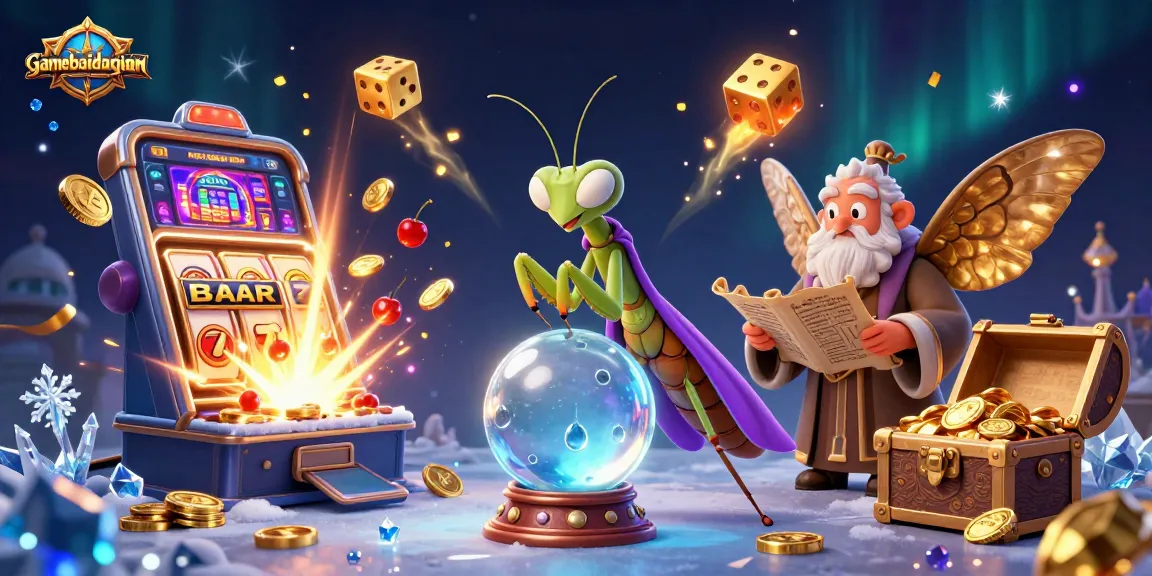 Experience the excitement of gamebaidangian with a dynamic scene featuring a cartoon mantis fortune teller and interactive casino elements.