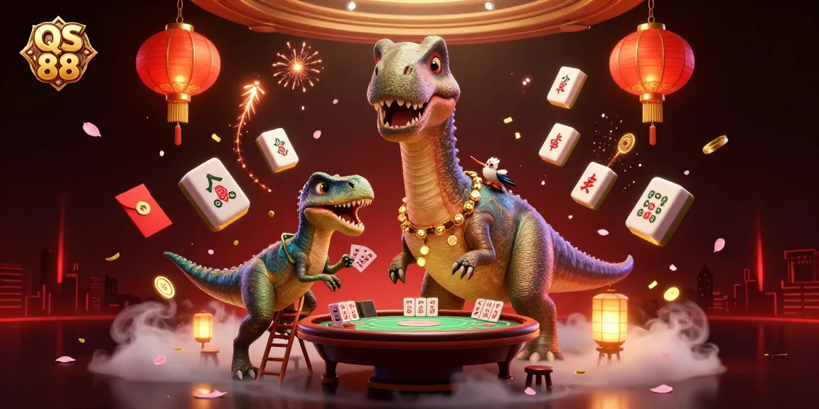 Engaging scene of QS 88 with a dinosaur overseeing a poker table in a vibrant casino illustration.