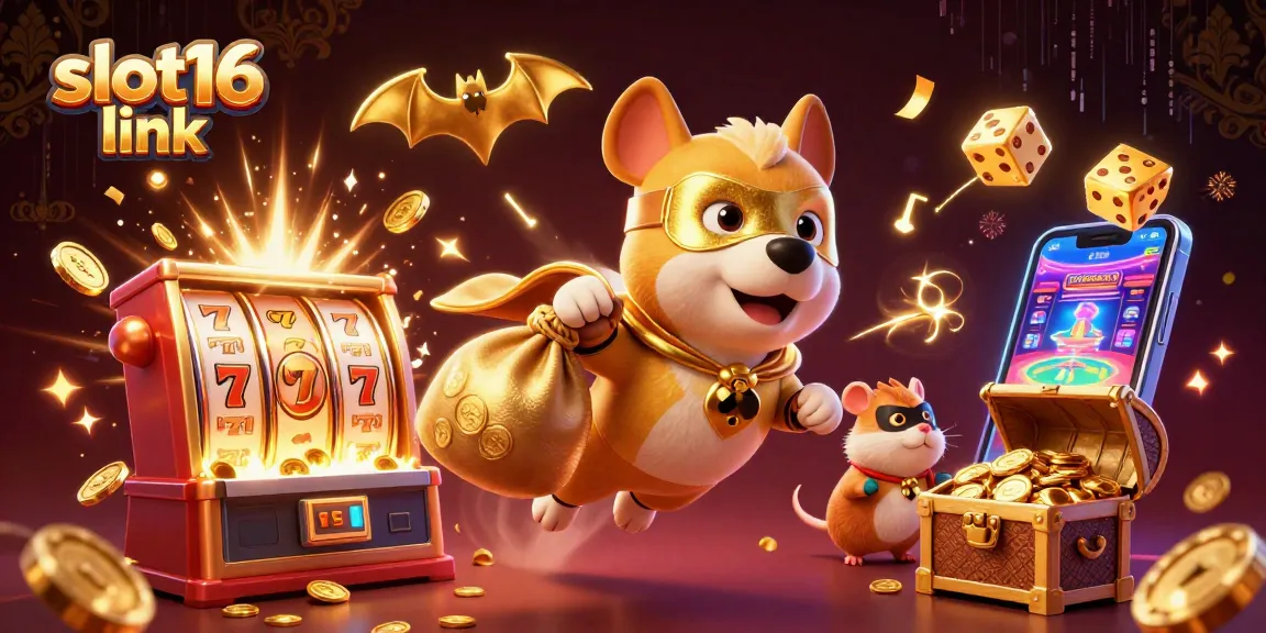Experience the excitement of slot16 link with this vibrant casino superhero scene featuring a flying dog and coins.