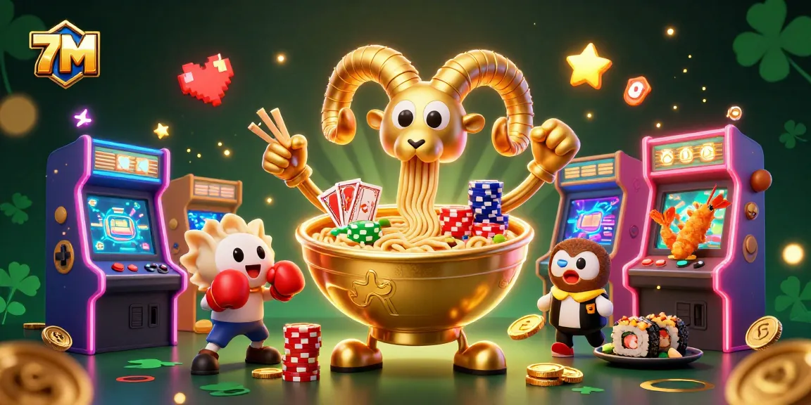 Engage with the dynamic gaming scene at 7M, featuring a vibrant 3D representation of fun characters in action.