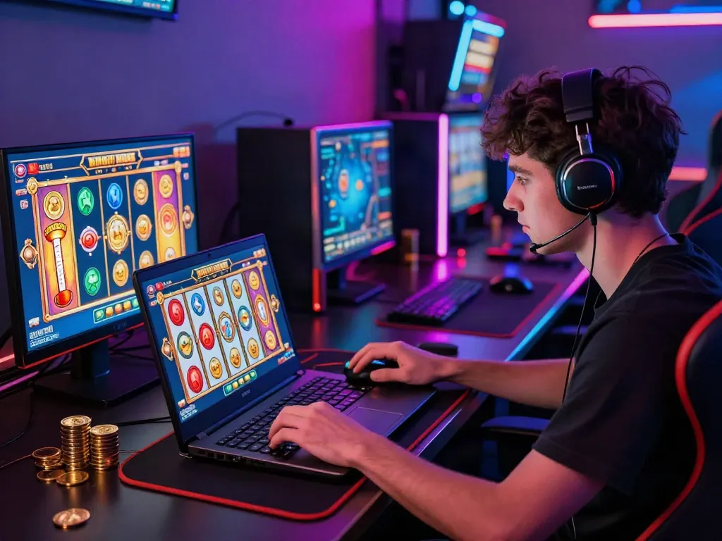 Permainan slot777 yang mengasyikkan dengan pemain berfokus pada laptop dan Jackpot yang meningkat.