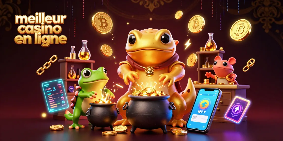 Illustration représentant le meilleur casino en ligne avec un alchimiste salamandre dorée et un apprenti grenouille