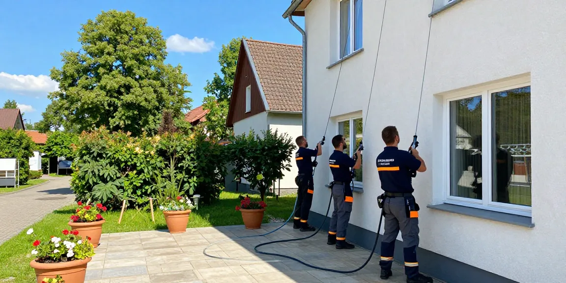 Fassadenreinigung Bad Berleburg durch professionelles Team bei sonnigem Wetter.