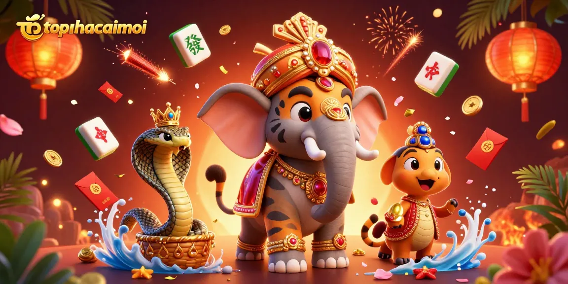 Experience topnhacaimoi with a vibrant scene highlighting an elephant and a maharaja tiger, adorned in glorious jewels and casino elements.