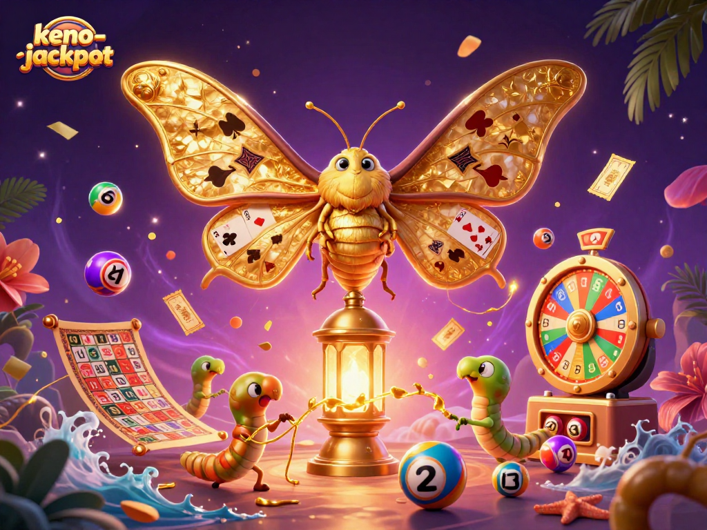 Experience the thrill of keno-jackpot with golden lottery elements, vibrant colors, and engaging characters.
