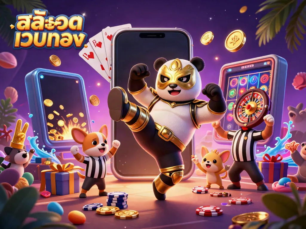 Experience excitement with สล็อตเว็บตรง featuring a panda wrestler and a referee in a vibrant casino scene.